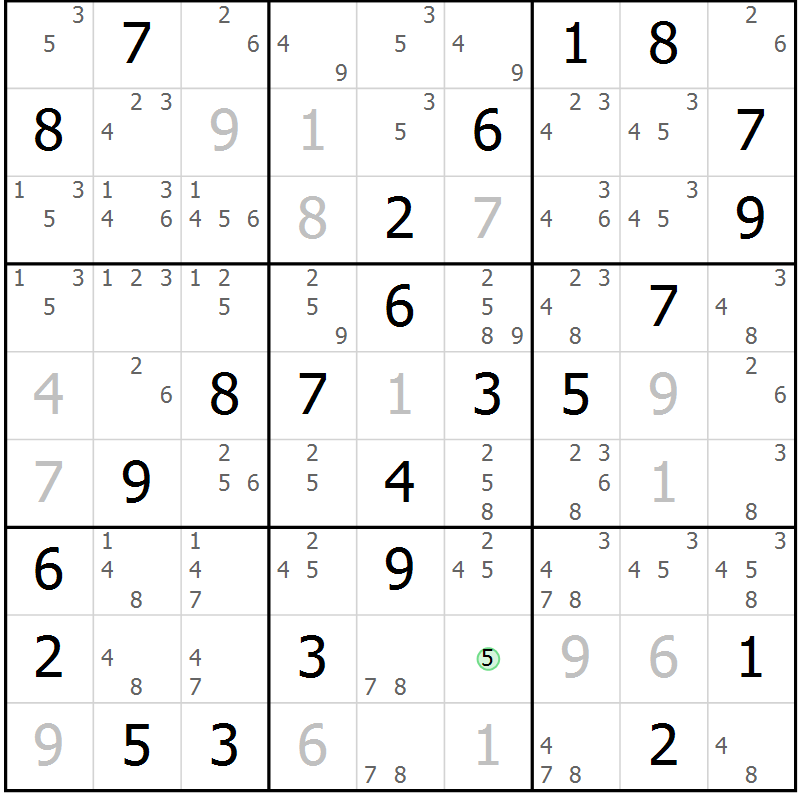 Position des candidats pour la solution de la Gr 46 page 49 du magazine de sudoku Virtuose n° 125