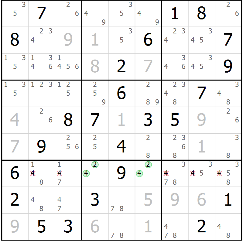 Position des candidats pour la solution de la Gr 46 page 49 du magazine de sudoku Virtuose n° 125