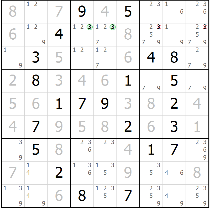 Position des candidats pour la solution de la Gr 48 page 51 du magazine de sudoku Virtuose n° 125