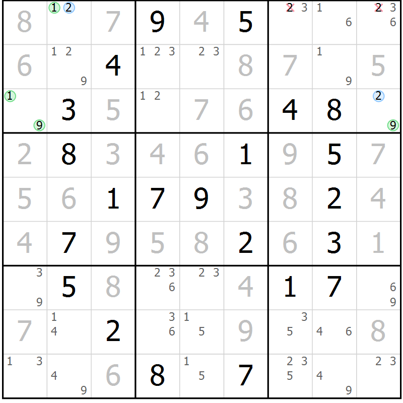 Position des candidats pour la solution de la Gr 48 page 51 du magazine de sudoku Virtuose n° 125