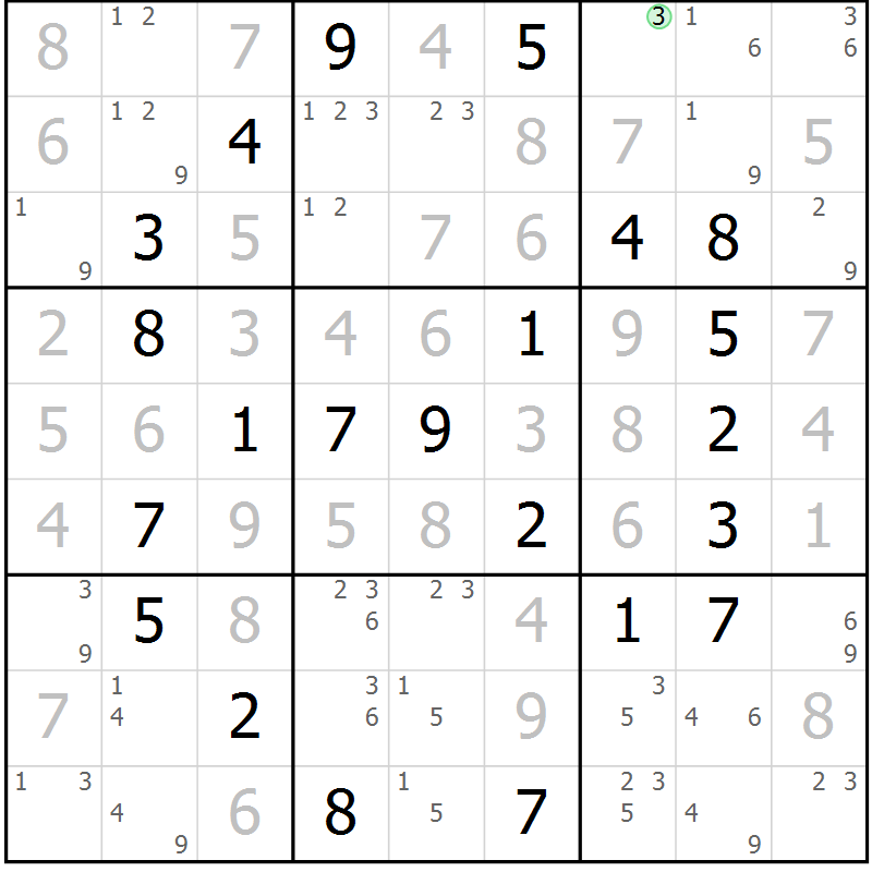 Position des candidats pour la solution de la Gr 48 page 51 du magazine de sudoku Virtuose n° 125