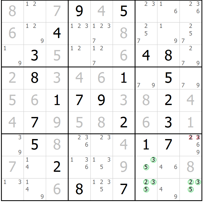Position des candidats pour la solution de la Gr 48 page 51 du magazine de sudoku Virtuose n° 125