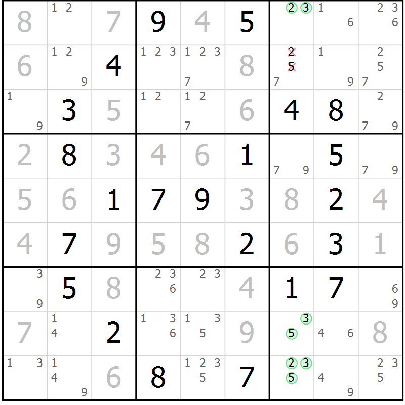 Position des candidats pour la solution de la Gr 48 page 51 du magazine de sudoku Virtuose n° 125