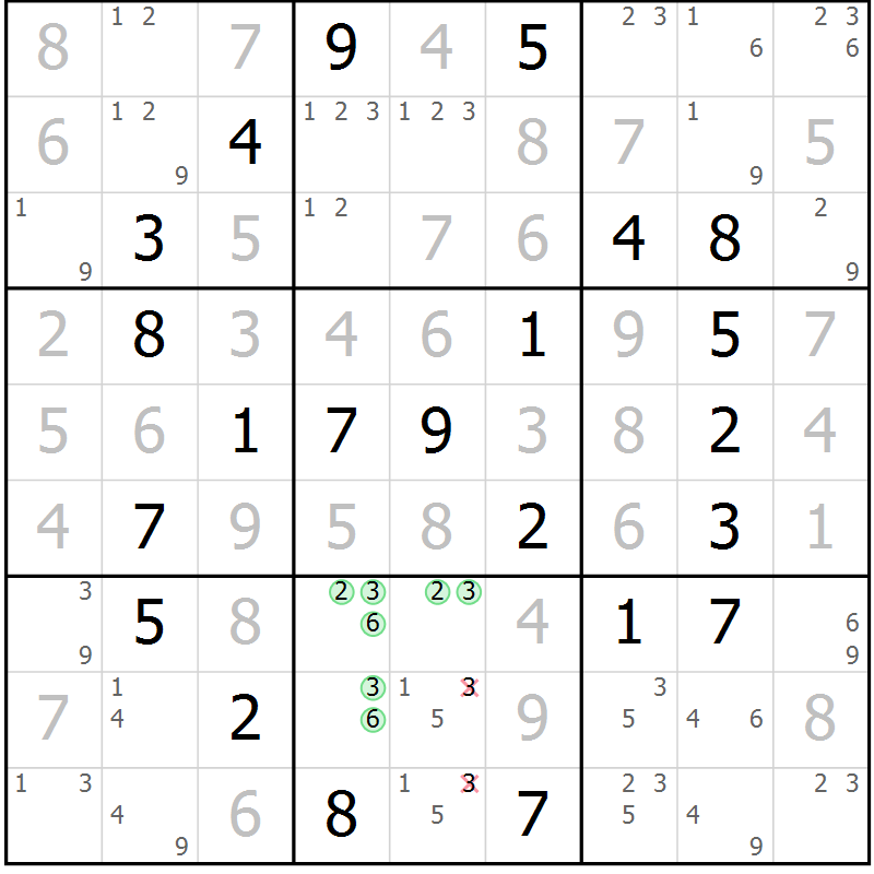 Position des candidats pour la solution de la Gr 48 page 51 du magazine de sudoku Virtuose n° 125