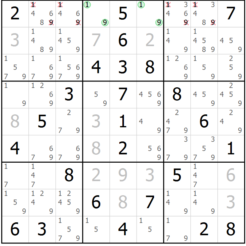Position des candidats pour la solution de la Gr 49 page 52 du magazine de sudoku Virtuose n° 125
