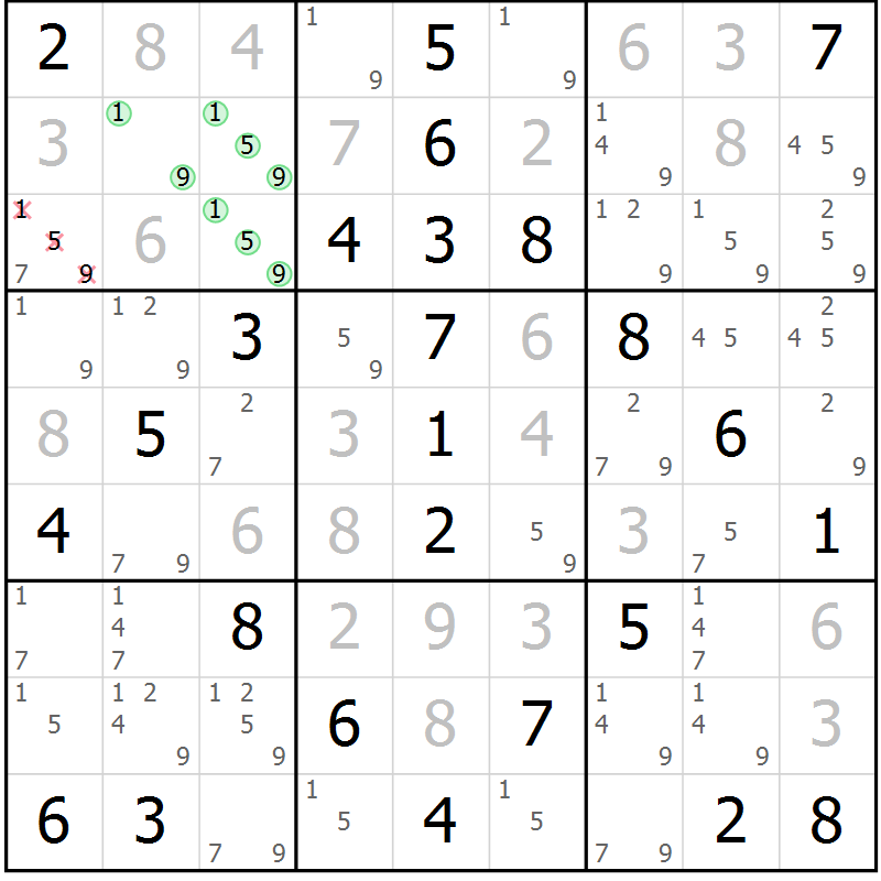 Position des candidats pour la solution de la Gr 49 page 52 du magazine de sudoku Virtuose n° 125
