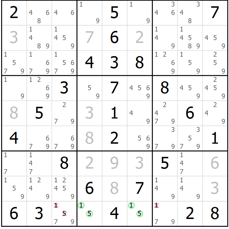 Position des candidats pour la solution de la Gr 49 page 52 du magazine de sudoku Virtuose n° 125