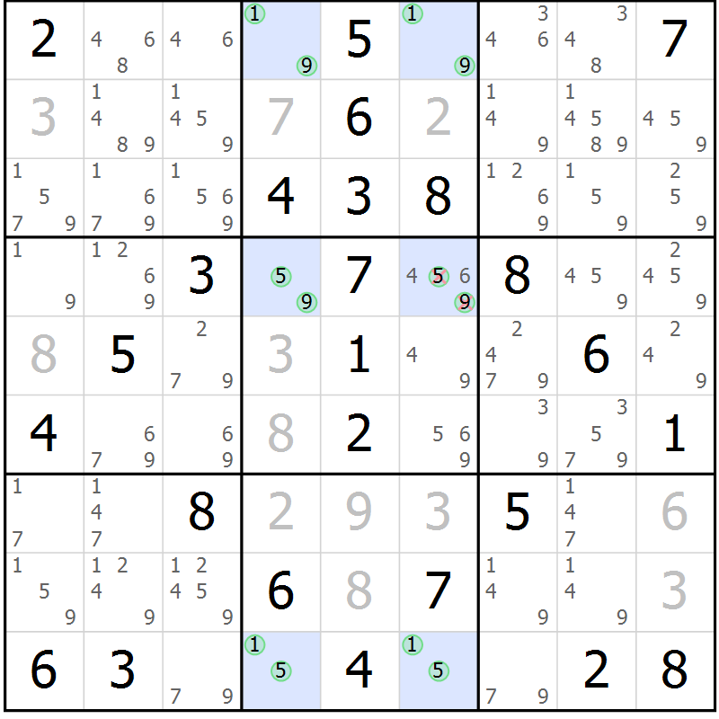 Position des candidats pour la solution de la Gr 49 page 52 du magazine de sudoku Virtuose n° 125
