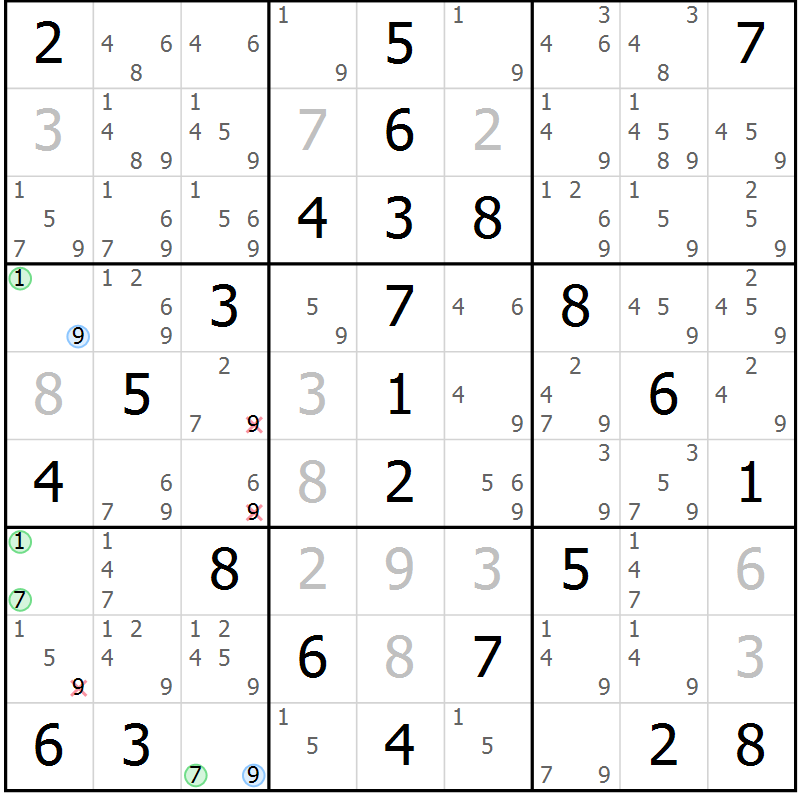 Position des candidats pour la solution de la Gr 49 page 52 du magazine de sudoku Virtuose n° 125