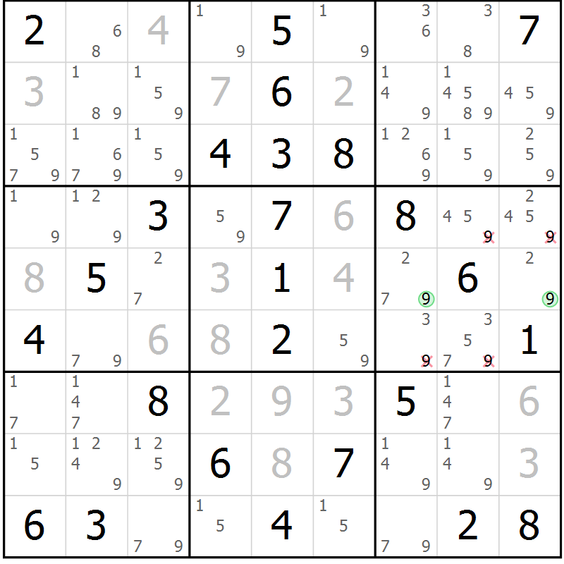 Position des candidats pour la solution de la Gr 49 page 52 du magazine de sudoku Virtuose n° 125