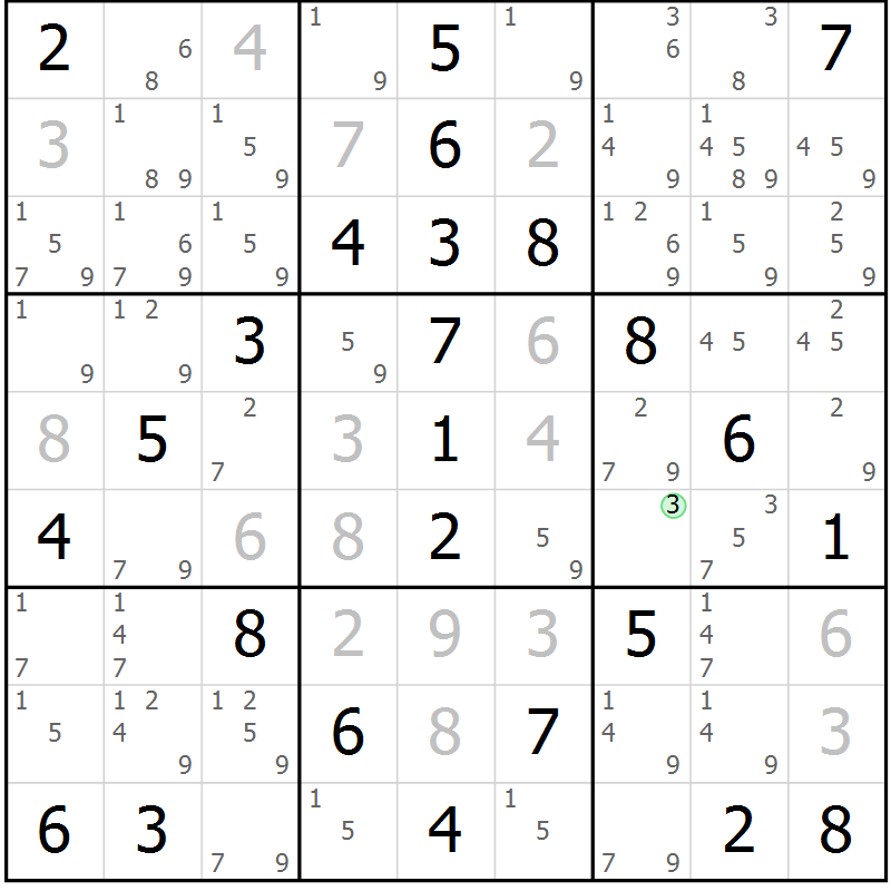 Position des candidats pour la solution de la Gr 49 page 52 du magazine de sudoku Virtuose n° 125