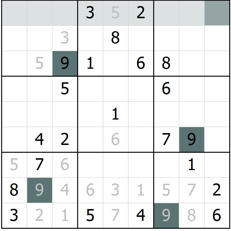 Position des candidats pour la solution de la Gr 5 page 8 du magazine de sudoku Virtuose n° 125