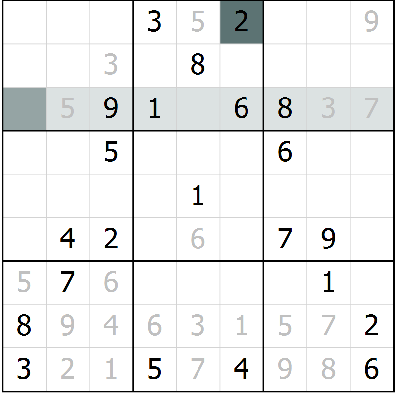 Position des candidats pour la solution de la Gr 5 page 8 du magazine de sudoku Virtuose n° 125