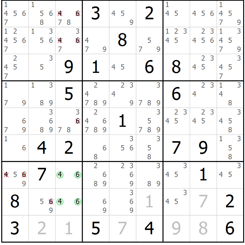 Position des candidats pour la solution de la Gr 5 page 8 du magazine de sudoku Virtuose n° 125