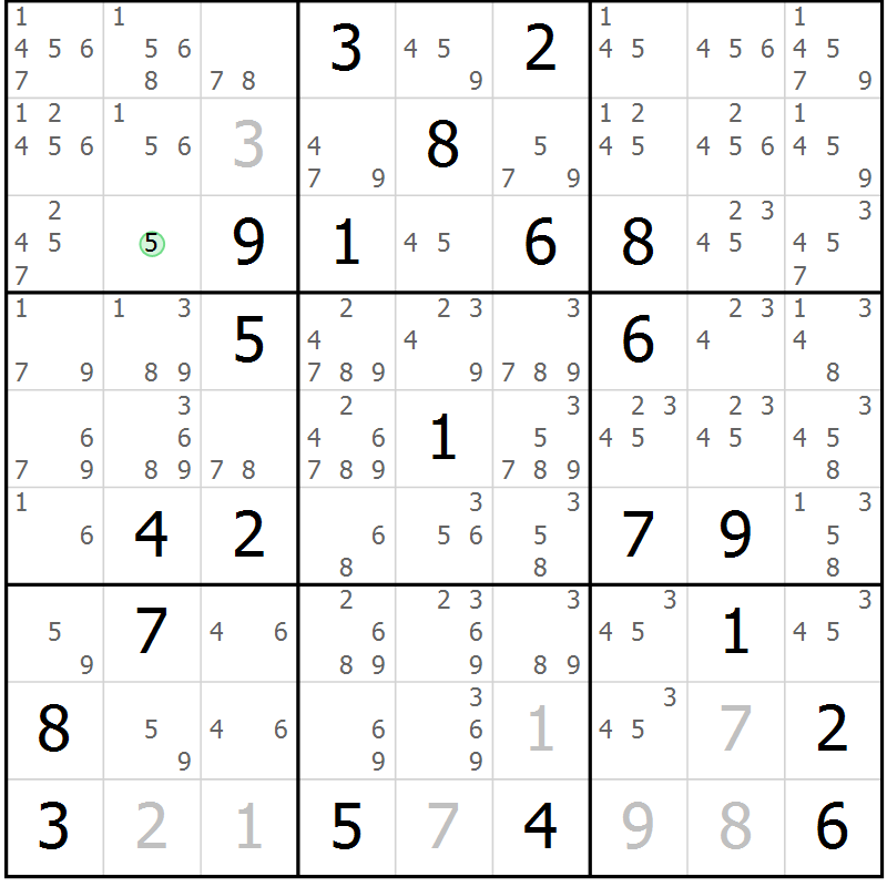 Position des candidats pour la solution de la Gr 5 page 8 du magazine de sudoku Virtuose n° 125
