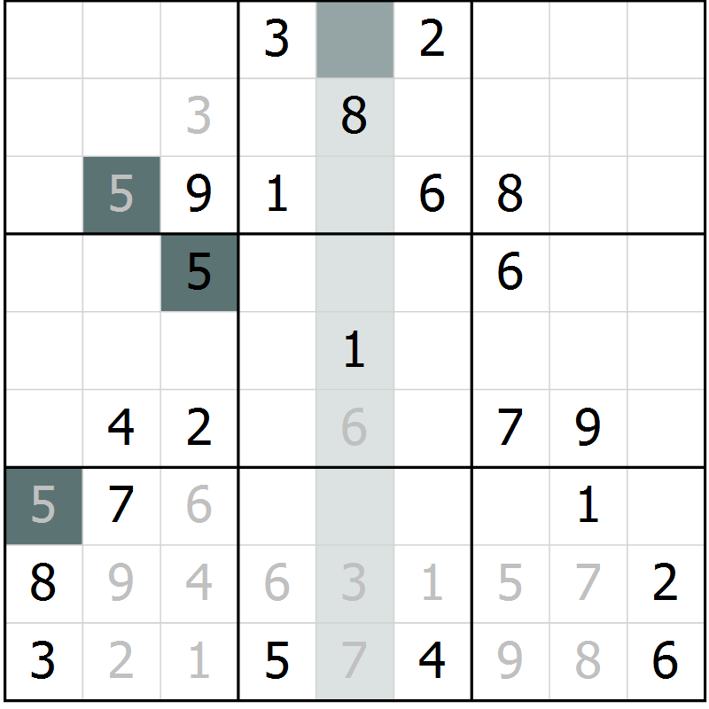 Position des candidats pour la solution de la Gr 5 page 8 du magazine de sudoku Virtuose n° 125