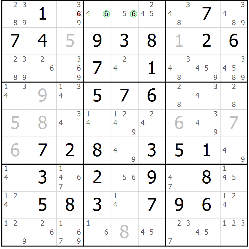 Position des candidats pour la solution de la Gr 50 page 53 du magazine de sudoku Virtuose n° 125