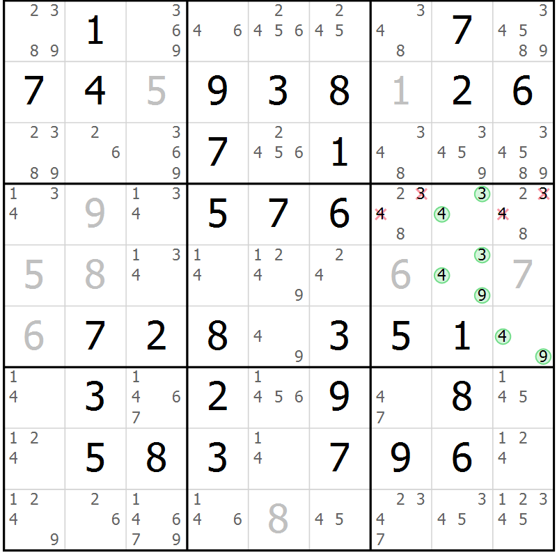 Position des candidats pour la solution de la Gr 50 page 53 du magazine de sudoku Virtuose n° 125