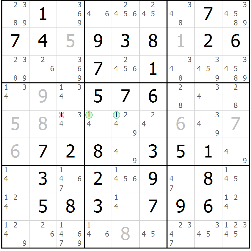 Position des candidats pour la solution de la Gr 50 page 53 du magazine de sudoku Virtuose n° 125