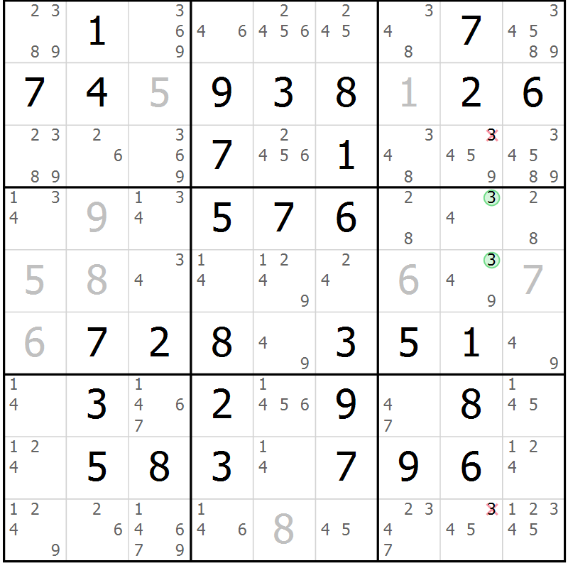 Position des candidats pour la solution de la Gr 50 page 53 du magazine de sudoku Virtuose n° 125