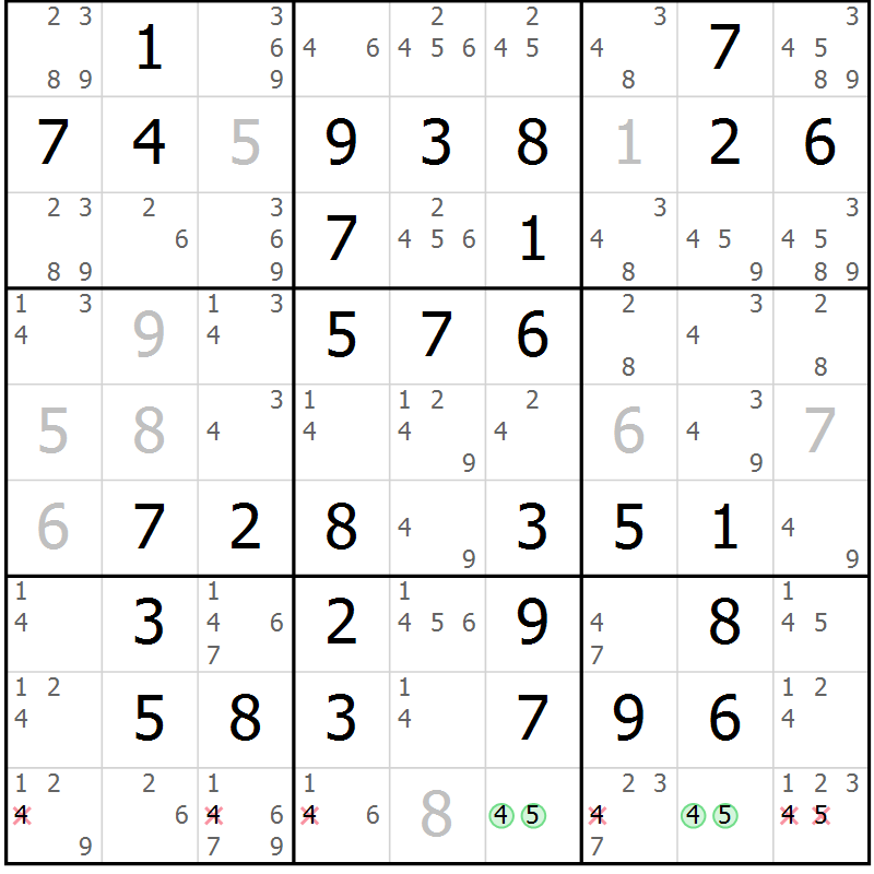 Position des candidats pour la solution de la Gr 50 page 53 du magazine de sudoku Virtuose n° 125
