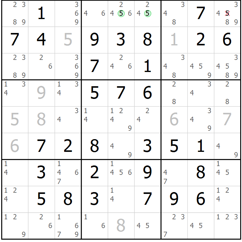 Position des candidats pour la solution de la Gr 50 page 53 du magazine de sudoku Virtuose n° 125