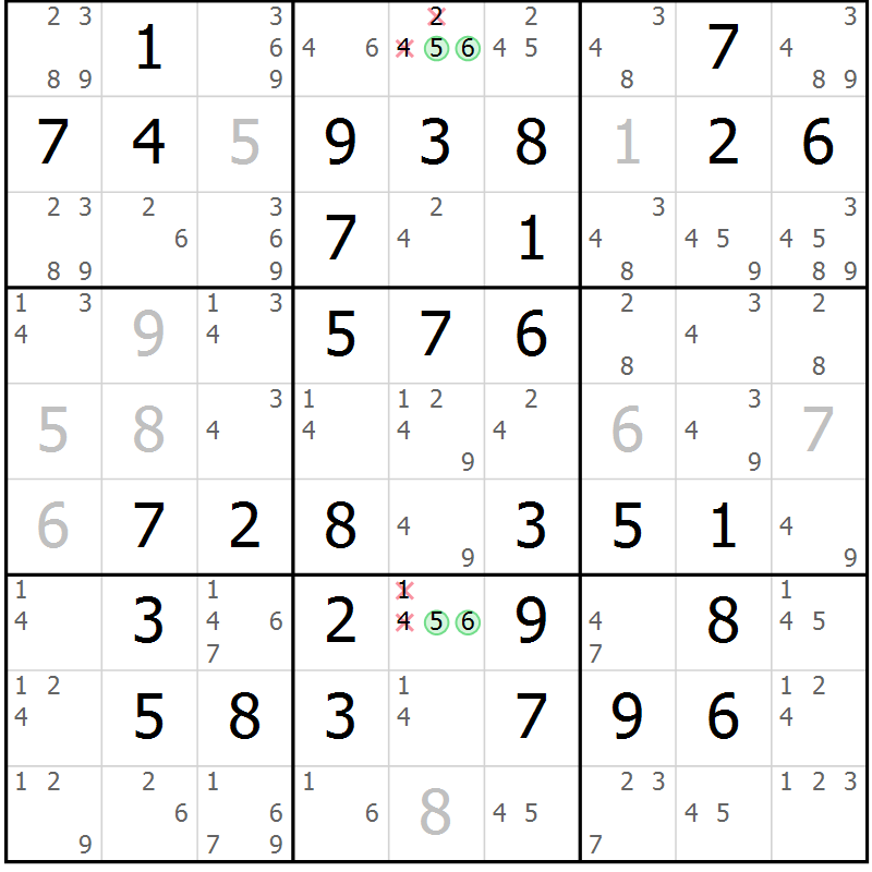 Position des candidats pour la solution de la Gr 50 page 53 du magazine de sudoku Virtuose n° 125