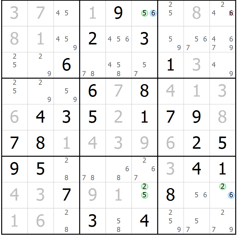 Position des candidats pour la solution de la Gr 51 page 54 du magazine de sudoku Virtuose n° 125