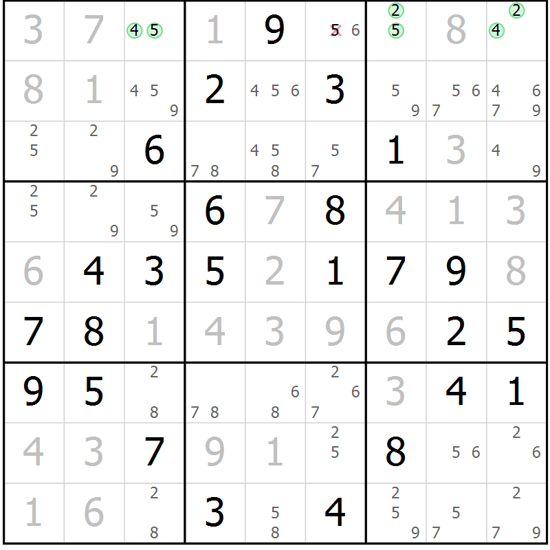 Position des candidats pour la solution de la Gr 51 page 54 du magazine de sudoku Virtuose n° 125