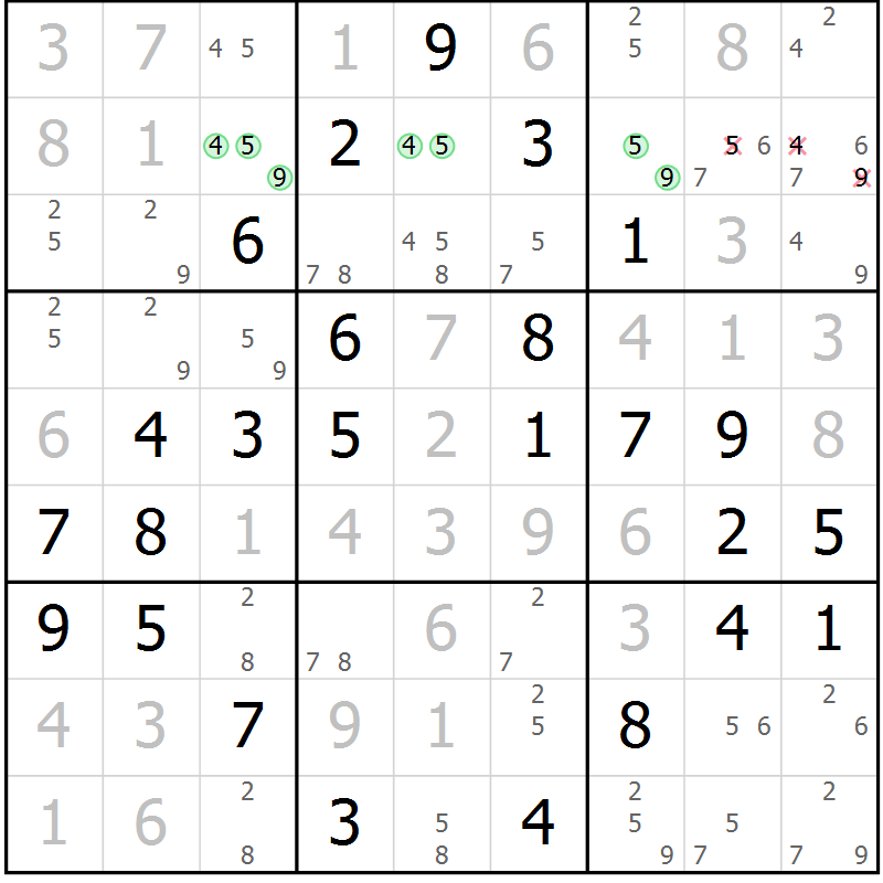 Position des candidats pour la solution de la Gr 51 page 54 du magazine de sudoku Virtuose n° 125