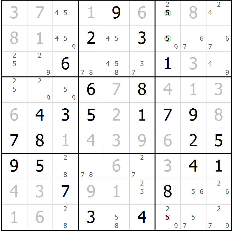 Position des candidats pour la solution de la Gr 51 page 54 du magazine de sudoku Virtuose n° 125
