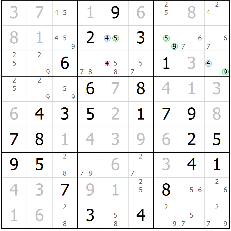 Position des candidats pour la solution de la Gr 51 page 54 du magazine de sudoku Virtuose n° 125