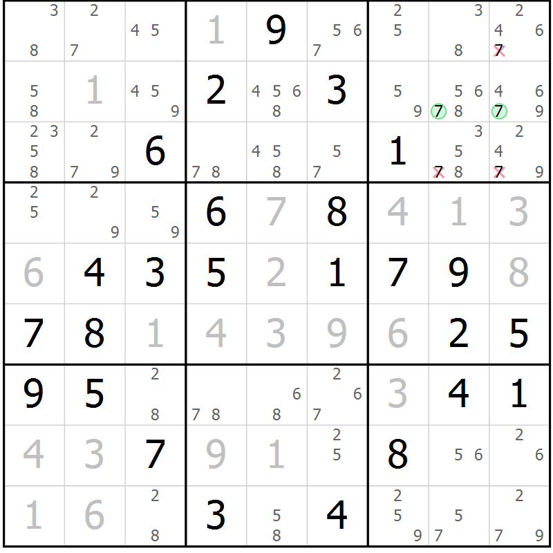 Position des candidats pour la solution de la Gr 51 page 54 du magazine de sudoku Virtuose n° 125