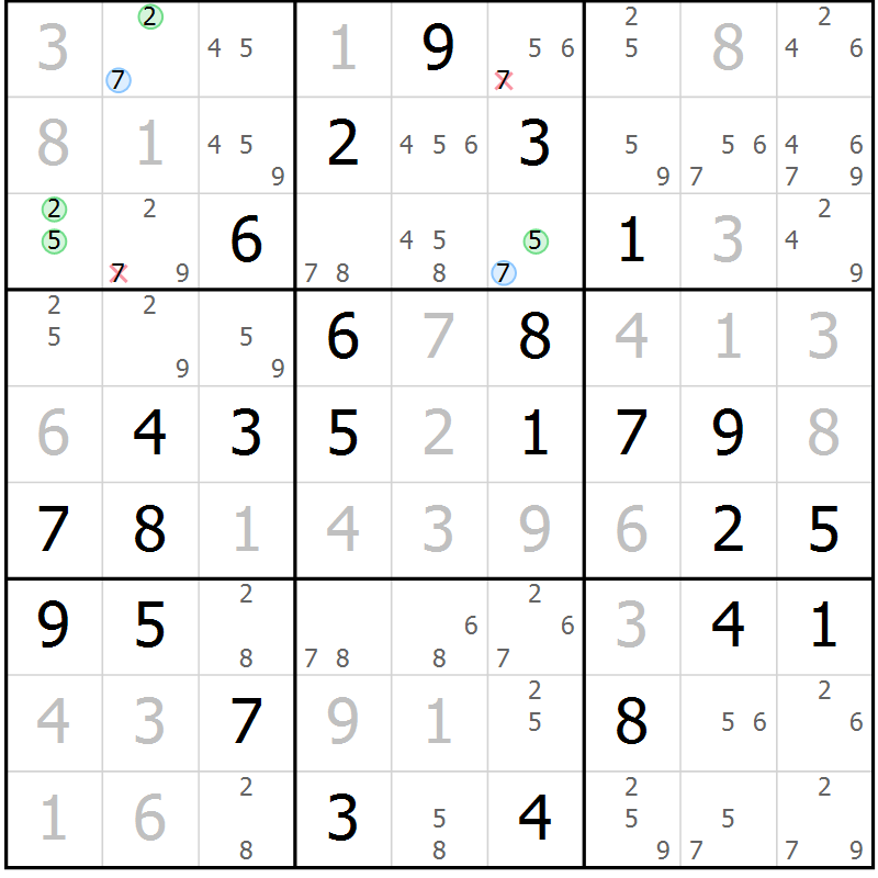 Position des candidats pour la solution de la Gr 51 page 54 du magazine de sudoku Virtuose n° 125