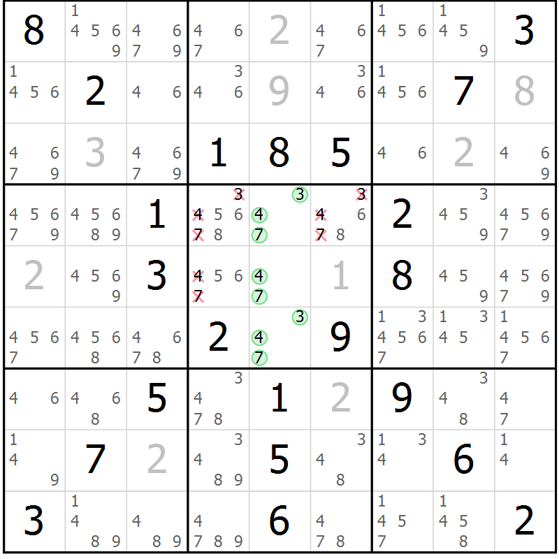 Position des candidats pour la solution de la Gr 52 page 55 du magazine de sudoku Virtuose n° 125