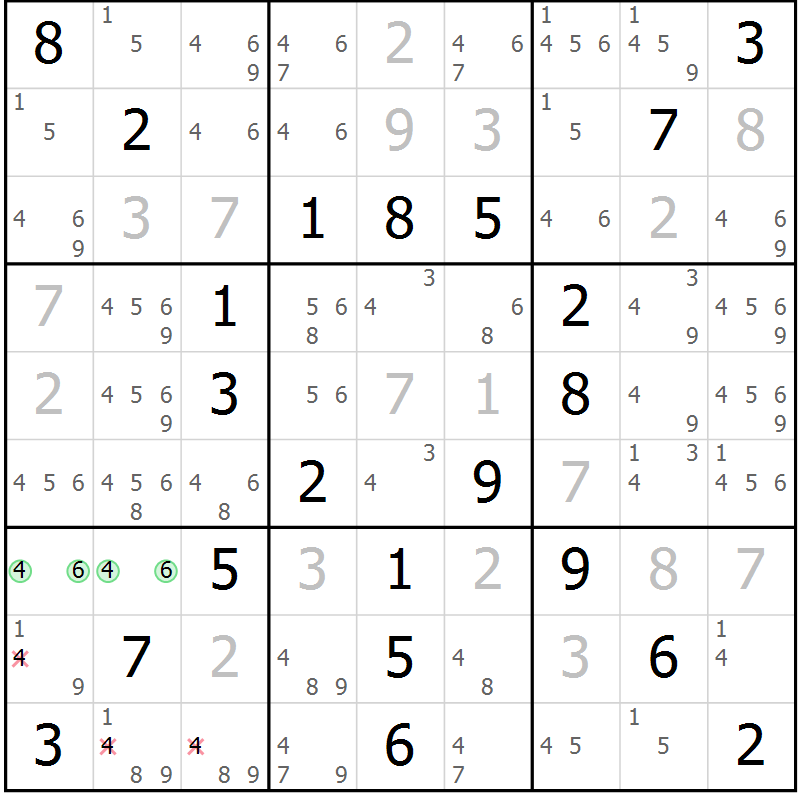 Position des candidats pour la solution de la Gr 52 page 55 du magazine de sudoku Virtuose n° 125