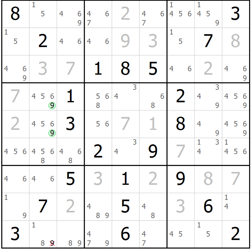 Position des candidats pour la solution de la Gr 52 page 55 du magazine de sudoku Virtuose n° 125