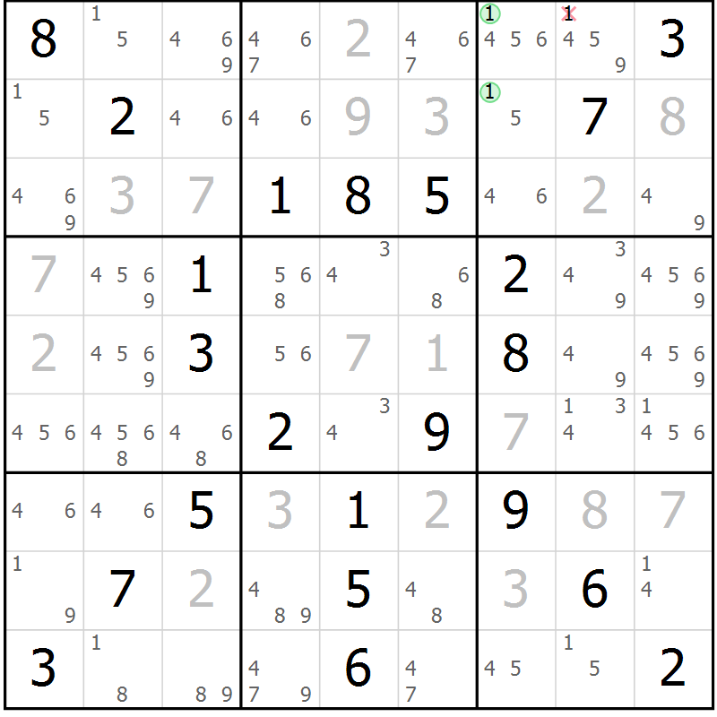 Position des candidats pour la solution de la Gr 52 page 55 du magazine de sudoku Virtuose n° 125