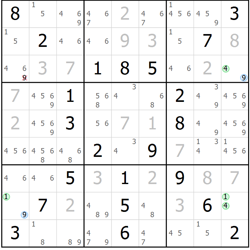 Position des candidats pour la solution de la Gr 52 page 55 du magazine de sudoku Virtuose n° 125