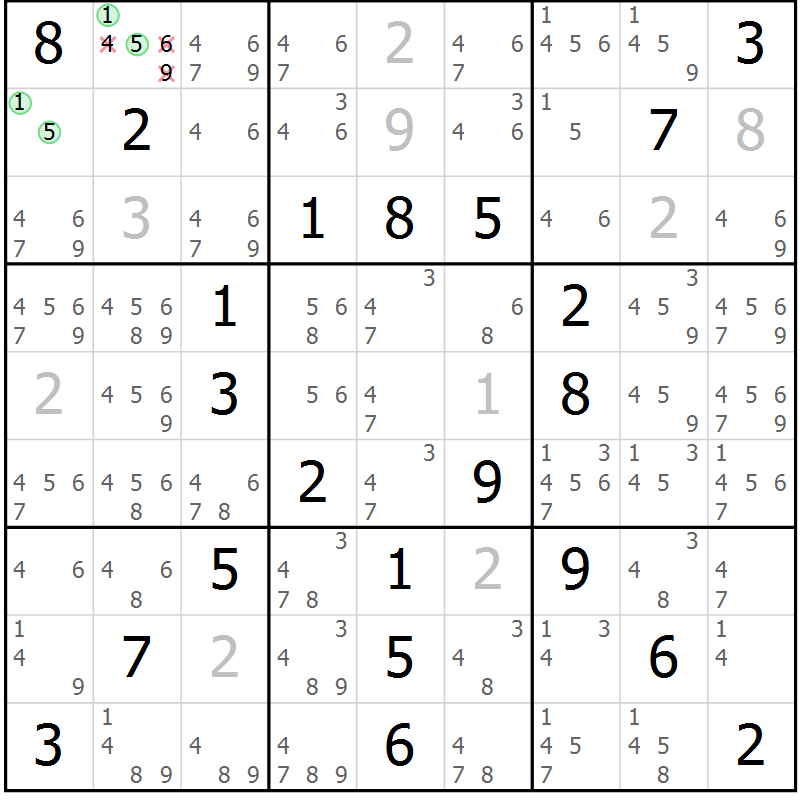 Position des candidats pour la solution de la Gr 52 page 55 du magazine de sudoku Virtuose n° 125