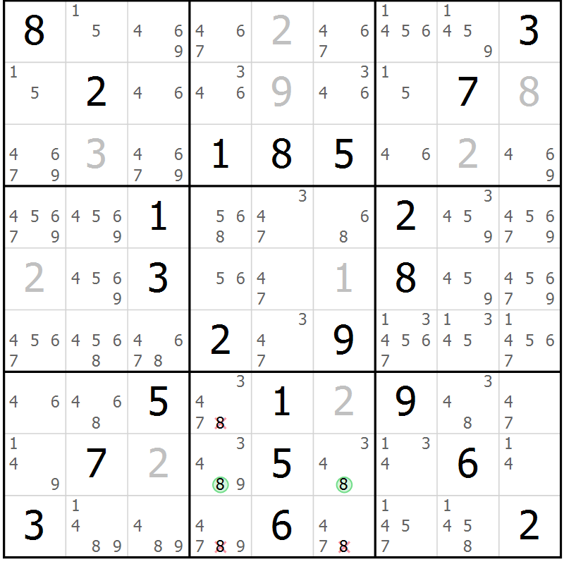 Position des candidats pour la solution de la Gr 52 page 55 du magazine de sudoku Virtuose n° 125