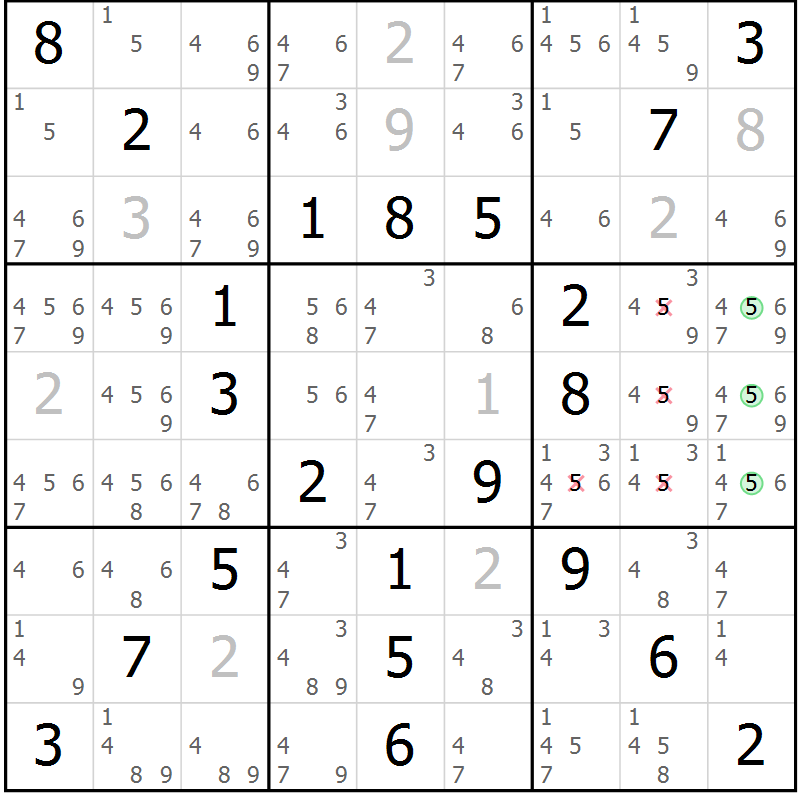 Position des candidats pour la solution de la Gr 52 page 55 du magazine de sudoku Virtuose n° 125