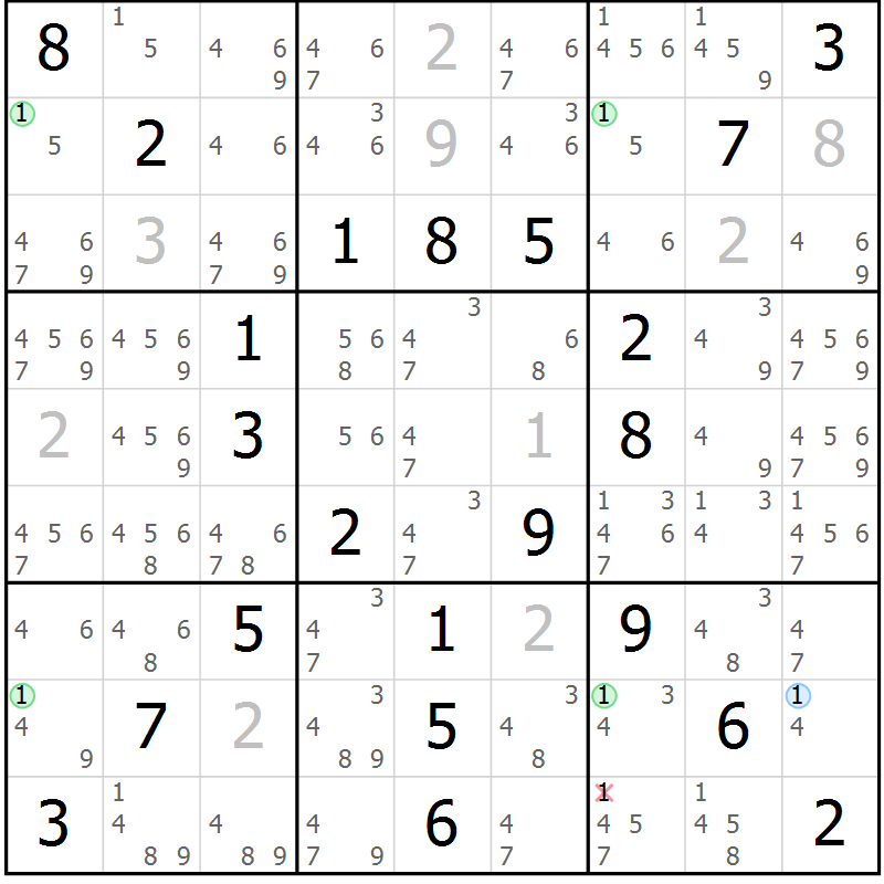 Position des candidats pour la solution de la Gr 52 page 55 du magazine de sudoku Virtuose n° 125