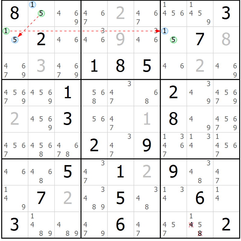 Position des candidats pour la solution de la Gr 52 page 55 du magazine de sudoku Virtuose n° 125