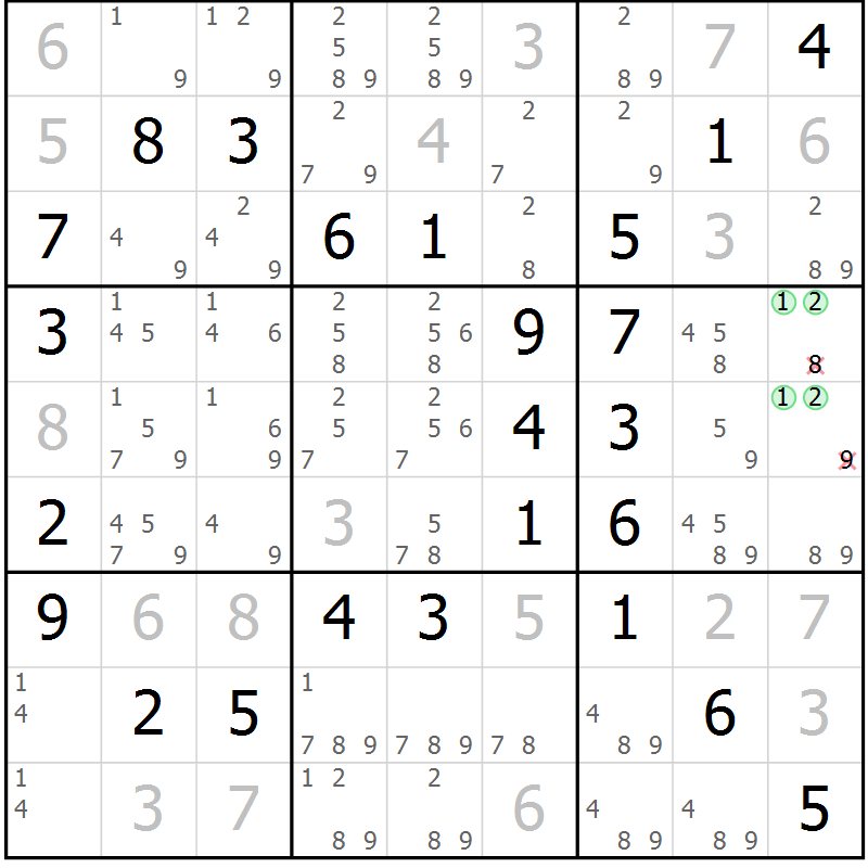 Position des candidats pour la solution de la Gr 53 page 56 du magazine de sudoku Virtuose n° 125