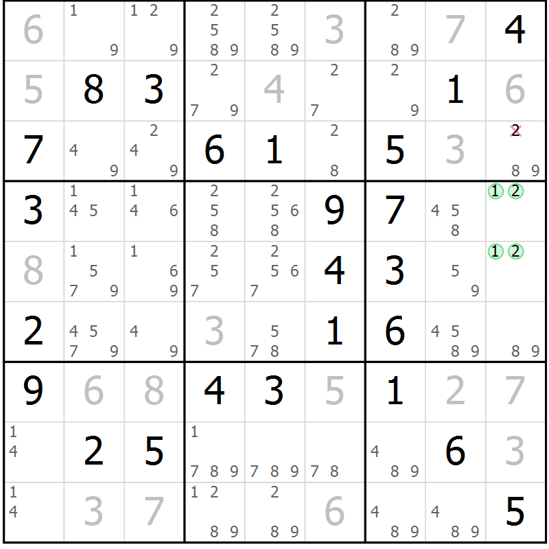 Position des candidats pour la solution de la Gr 53 page 56 du magazine de sudoku Virtuose n° 125