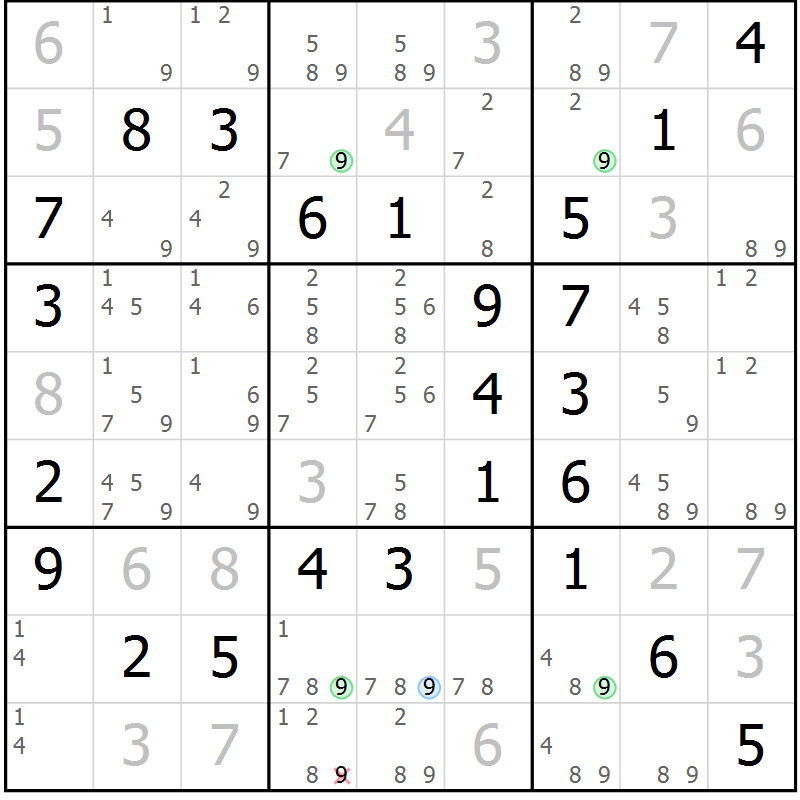 Position des candidats pour la solution de la Gr 53 page 56 du magazine de sudoku Virtuose n° 125