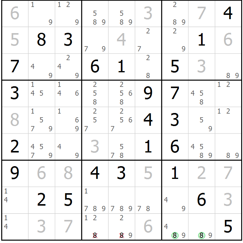 Position des candidats pour la solution de la Gr 53 page 56 du magazine de sudoku Virtuose n° 125