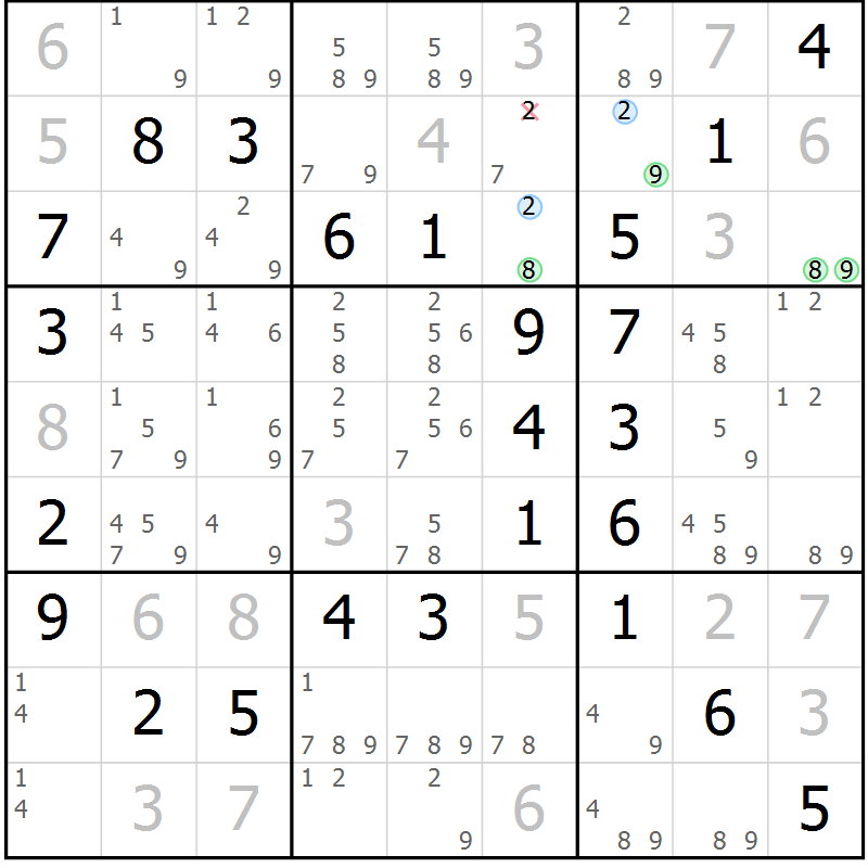 Position des candidats pour la solution de la Gr 53 page 56 du magazine de sudoku Virtuose n° 125