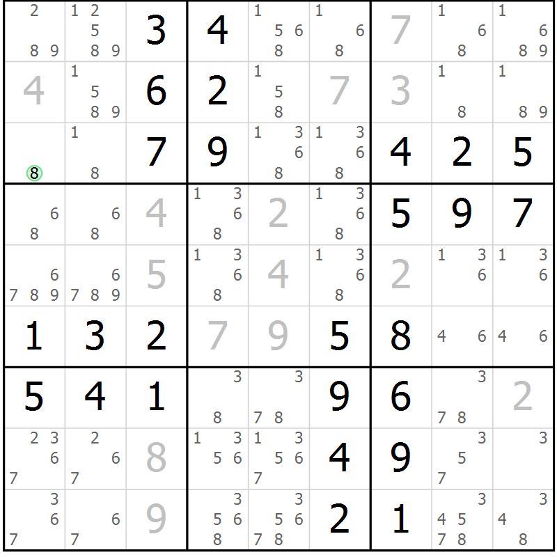 Position des candidats pour la solution de la Gr 54 page 57 du magazine de sudoku Virtuose n° 125